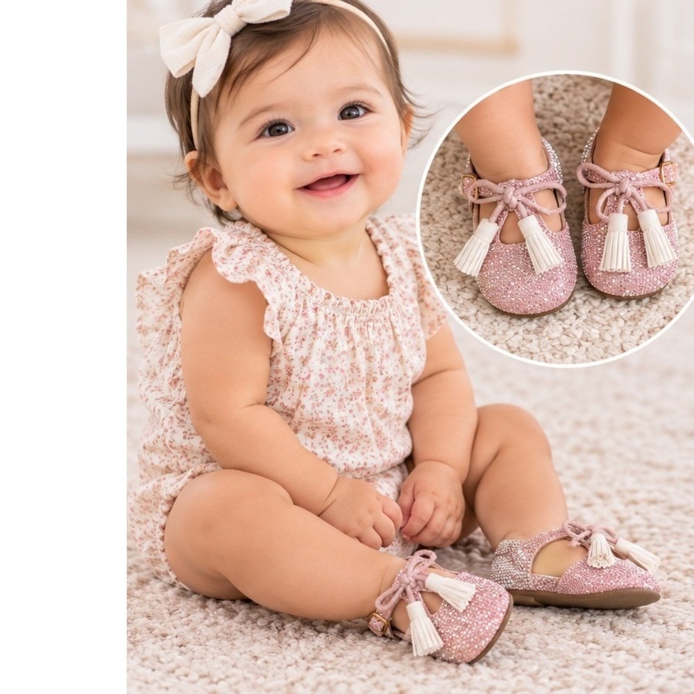 Joyfolie Pink Glitter T-Strap Sandals Tassels Bow Gold Buckle Baby Size 4